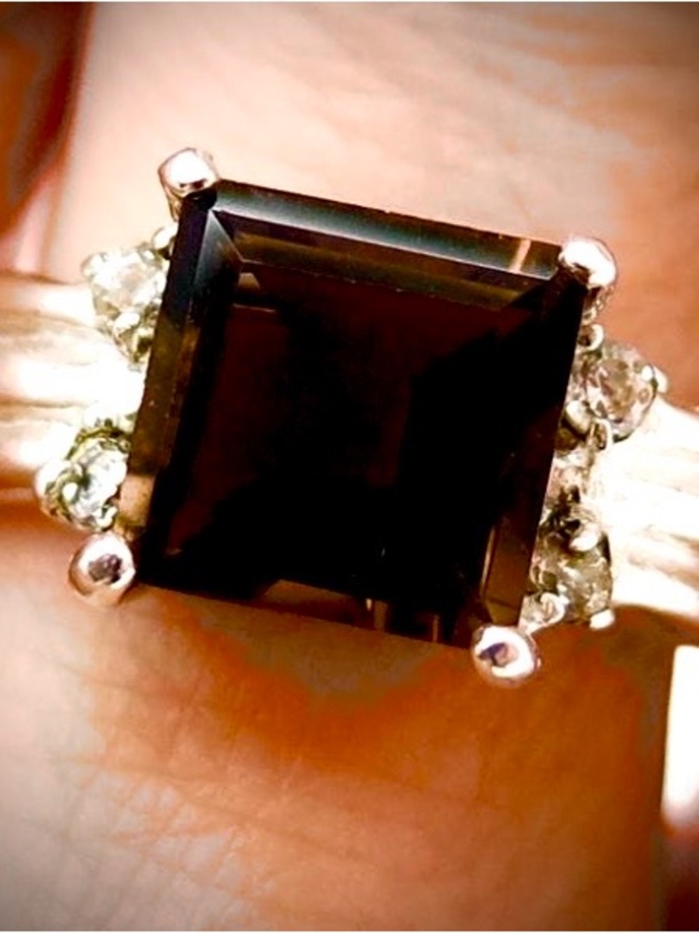 Elegant 925 Sterling Silver Vintage Ring Smoky Quartz and CZ, size 7